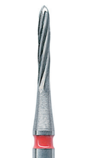 Červená tvrdokovová finírka, torpédo (L = 6 mm), 8 břitů, do červeného kolénka, Ø 0,9 mm