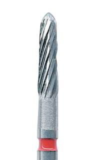 Červená tvrdokovová finírka, torpédo kónické (L = 6 mm), 8 břitů, do červeného kolénka, Ø 1,4 mm