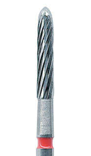 Červená tvrdokovová finírka, torpédo (L = 8 mm), 12 břitů, do červeného kolénka, Ø 1,0 mm