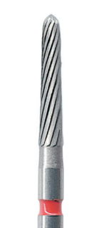 Červená tvrdokovová finírka, torpédo kónické (L = 8 mm), 12 břitů, do červeného kolénka, Ø 1,6 mm