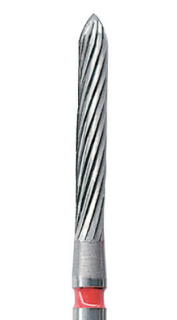 Červená tvrdokovová finírka, torpédo (L = 10 mm), 12 břitů, do červeného kolénka, Ø 1,4 mm