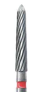 Červená tvrdokovová finírka, torpédo kónické (L = 10 mm), 12 břitů, do červeného kolénka, Ø 1,8 mm