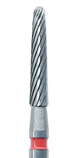 Červená tvrdokovová finírka, kónus oblý (L = 8 mm), 12 břitů, do červeného kolénka, Ø 1,4 mm