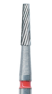 Červená tvrdokovová finírka, kónus plochý (L = 5,2 mm), 12 břitů, do červeného kolénka, Ø 1,2 mm