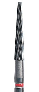 Červená tvrdokovová finírka, kónus plochý (L = 9 mm), 12 břitů, do červeného kolénka, Ø 1,6 mm