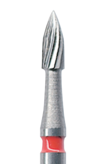 Červená tvrdokovová finírka, plamen, 12 břitů, do modrého kolénka, Ø 1,4 mm
