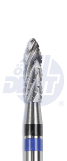 Tvrdokovová fréza Spiral Cut s rovnou čepelí, torpédo, krátké (modrý a černý pruh), do mikromotoru, Ø 2,3 mm
