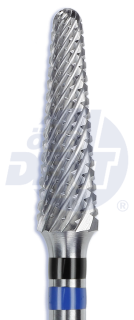 Tvrdokovová fréza Spiral Cut s rovnou čepelí, kónus, zaoblený (modrý a černý pruh), do mikromotoru, Ø 4 mm