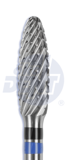 Tvrdokovová fréza Spiral Cut s rovnou čepelí, plamen, špičatý (modrý a černý pruh), do mikromotoru, Ø 4 mm