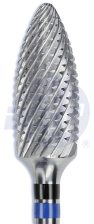 Tvrdokovová fréza Spiral Cut s rovnou čepelí, plamen, břichatý, špičatý (modrý a černý pruh), do mikromotoru, Ø 6 mm