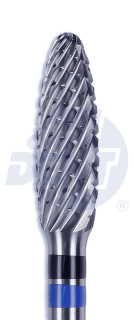 Tvrdokovová fréza Spiral Cut s rovnou potaženou čepelí na kov, plamen, špičatý (modrý a černý pruh), do mikromotoru, Ø 4 mm