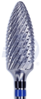 Tvrdokovová fréza Spiral Cut s rovnou potaženou čepelí na kov, plamen, břichatý, špičatý (modrý a černý pruh), do mikromotoru, Ø 6 mm