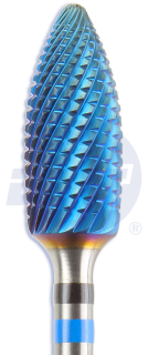 Tvrdokovová fréza Spiral Cut s rovnou čepelí na kov potažená BLUE-LINE, plamen, břichatý, špičatý, do mikromotoru, Ø 6 mm