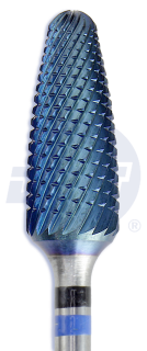 Tvrdokovová fréza Spiral Cut s rovnou čepelí na kov potažená BLUE-LINE, plamen, špičatý, do mikromotoru, Ø 6 mm