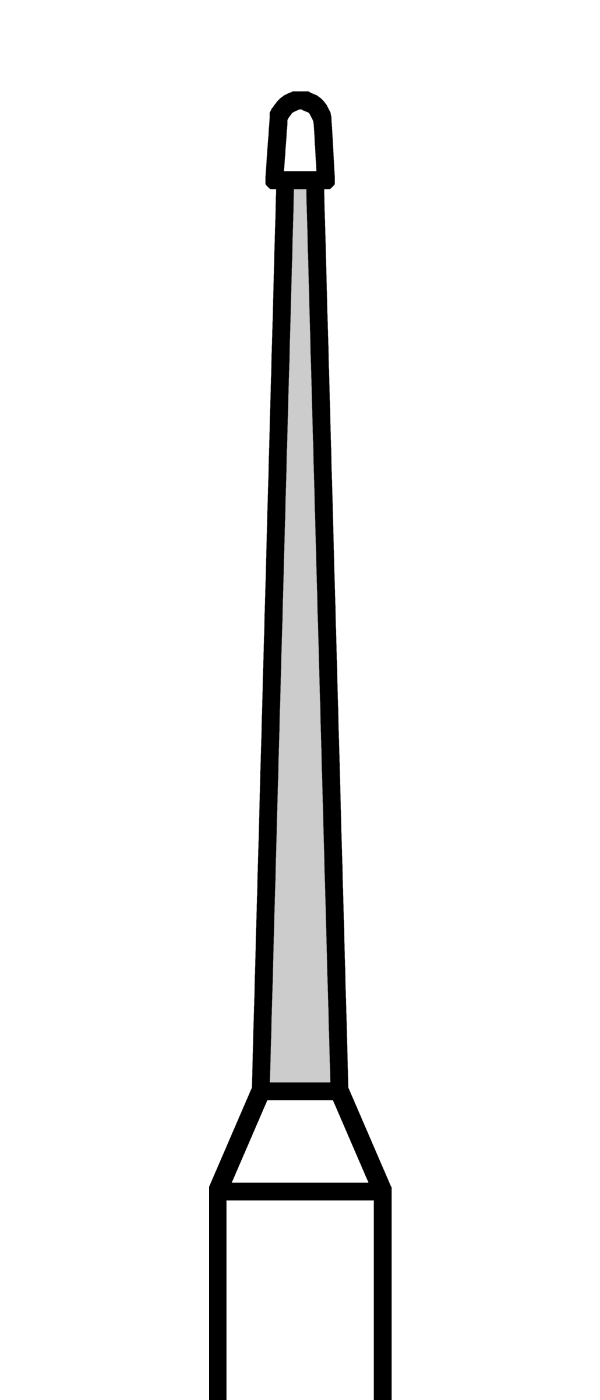 Battův diamantový vrtáček, modrý kónus s neobloženou špičkou, oblý (L = 8 mm), do červeného kolénka, střední zrnitost, Ø 1 mm