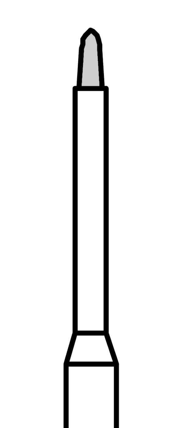 Diamantový vrtáček, červené torpédo s prodlouženým krčkem, kónické (L = 2 mm), do turbínky, jemná zrnitost, Ø 1 mm – 806 314 536K 514 010