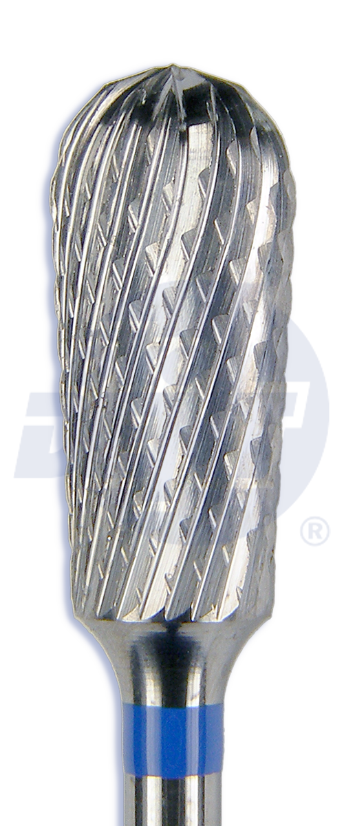 Modrá tvrdokovová fréza Cross Cut, hruška, křížový břit standard, do mikromotoru, Ø 6 mm