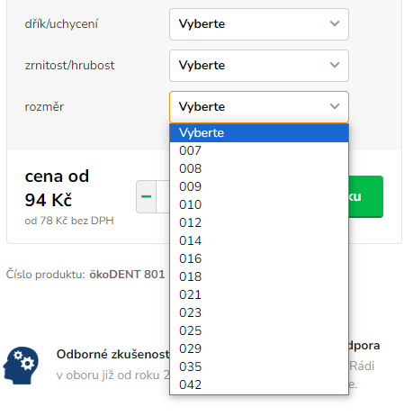 výběr parametrů produktů